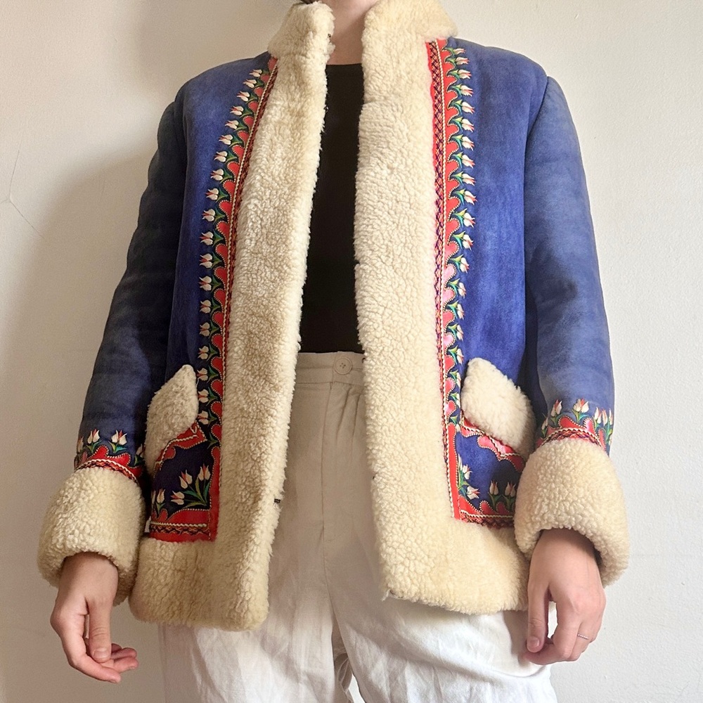 Vintage 70s Retro Shearling Handmade Folk Alfghan Polish Penny Lane Jacket Sz M - Picture 3 of 13